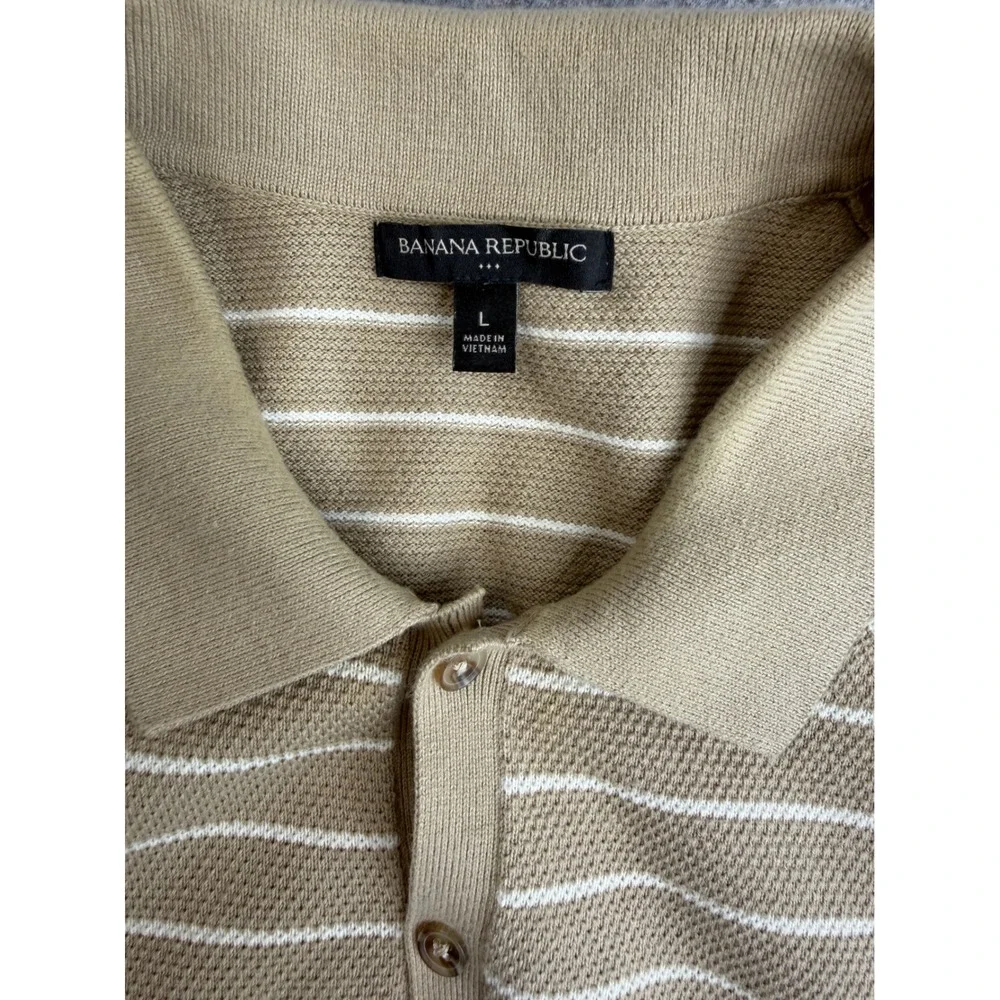 Mens Tan Knit Polo Shirt L Cream Striped Short Sleeve Cotton Minimalist Coastal